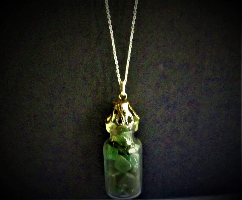 Green Avnturine Crystal Wish Bottle Pendant Necklace | Green Aventurine Chips in Glass Wish Bottle| 18"- Silver Plated Chain | Gifts for Her