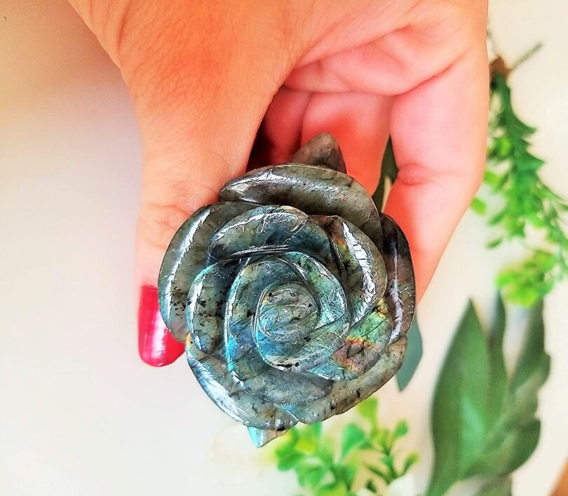 Genuine Labradoritee Flower Carving | 50mm Rose Shaped Handmade Crystal| Home Decor Showpiece | Repel Negativity Crystal | Gift Crystal Carving