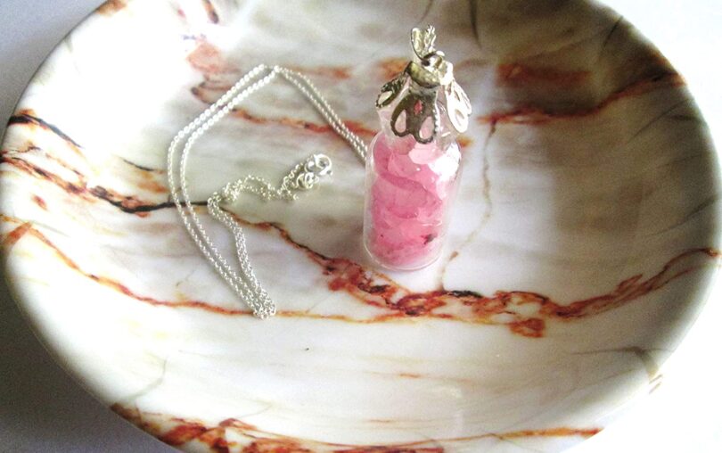 Rose Quartz Crystal Wish Bottle Pendant Necklace | Rose Quartz Chips in Glass Wish Bottle| 18"- Silver Plated Chain | Gifts for Her - Image 4