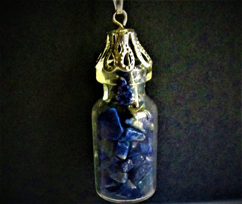 Lapis Lazuli Crystal Wish Bottle Pendant Necklace | Lapis Lazuli Chips in Glass Wish Bottle| 18"- Silver Plated Chain | Gifts for Her