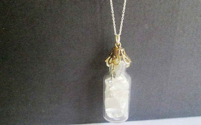 Clear Quartz Crystal Wish Bottle Pendant Necklace | Clear Quartz Chips in Glass Wish Bottle| 18"- Silver Plated Chain | Gifts for Her - Image 2