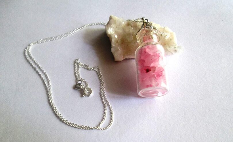 Rose Quartz Crystal Wish Bottle Pendant Necklace | Rose Quartz Chips in Glass Wish Bottle| 18"- Silver Plated Chain | Gifts for Her - Image 2