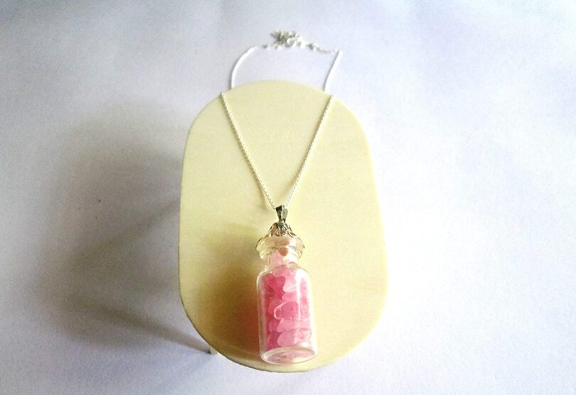 Rose Quartz Crystal Wish Bottle Pendant Necklace | Rose Quartz Chips in Glass Wish Bottle| 18"- Silver Plated Chain | Gifts for Her - Image 3