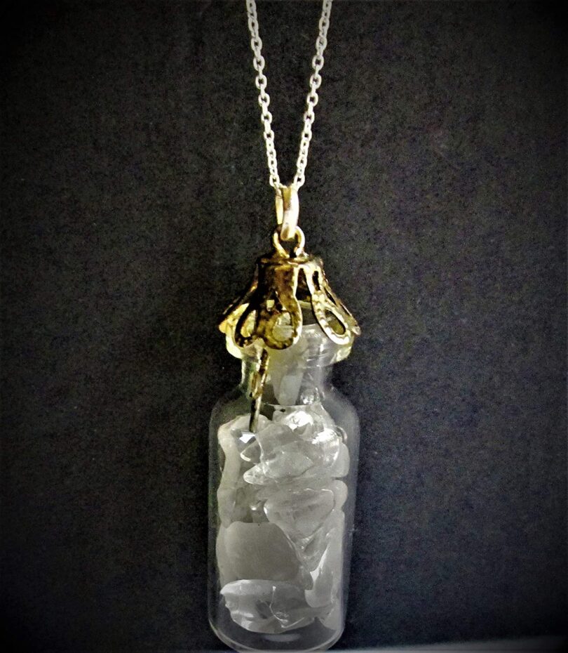 Clear Quartz Crystal Wish Bottle Pendant Necklace | Clear Quartz Chips in Glass Wish Bottle| 18"- Silver Plated Chain | Gifts for Her