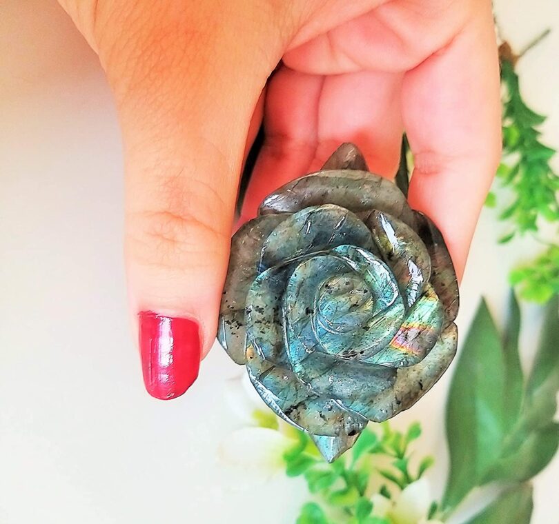 Genuine Labradoritee Flower Carving | 50mm Rose Shaped Handmade Crystal| Home Decor Showpiece | Repel Negativity Crystal | Gift Crystal Carving - Image 3