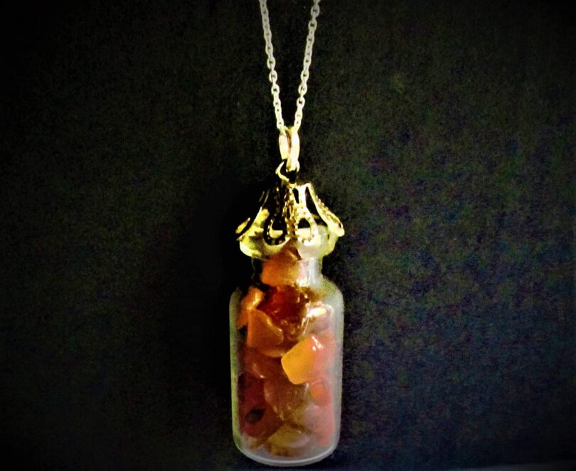 Carnelian Crystal Wish Bottle Pendant Necklace | Carnelian Chips in Glass Wish Bottle| 18"- Silver Plated Chain | Gifts for Her