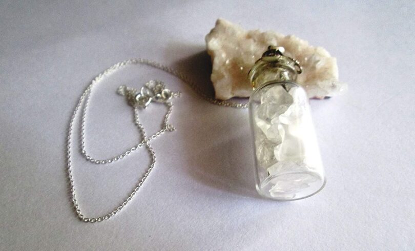 Clear Quartz Crystal Wish Bottle Pendant Necklace | Clear Quartz Chips in Glass Wish Bottle| 18"- Silver Plated Chain | Gifts for Her - Image 5